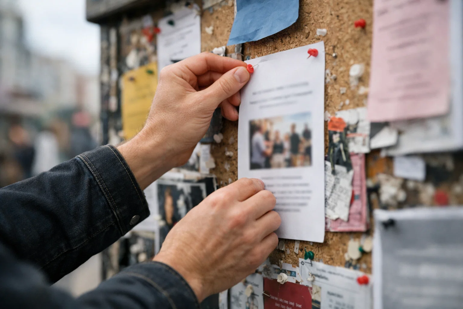 Ultra realistic photo, community noticeboard in Brighton, hands pinning a flyer, shallow depth of field.