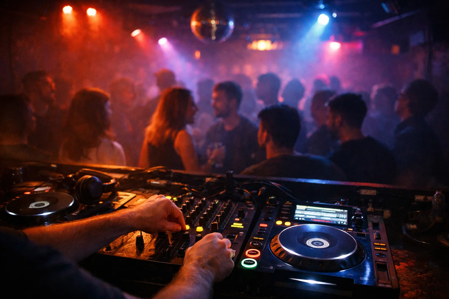 Ultra realistic photo, small club in Brighton, DJ booth with hands on mixer, colourful lighting, crowd silhouettes, atmospheric haze,.