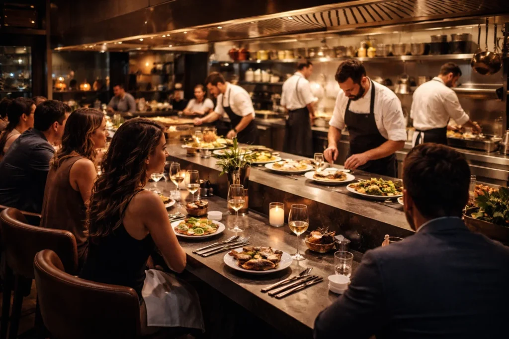 Ultra realistic photo, people seated at a chef’s counter in a modern restaurant, open kitchen glow, plates being served, lively but classy.