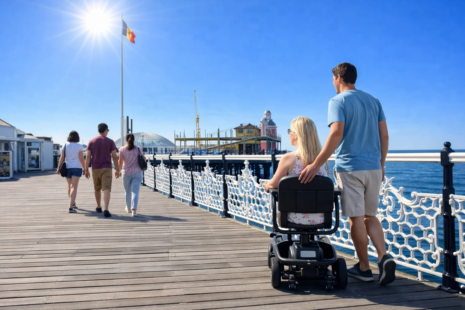 A woman in a wheelchair on Brighton Pier