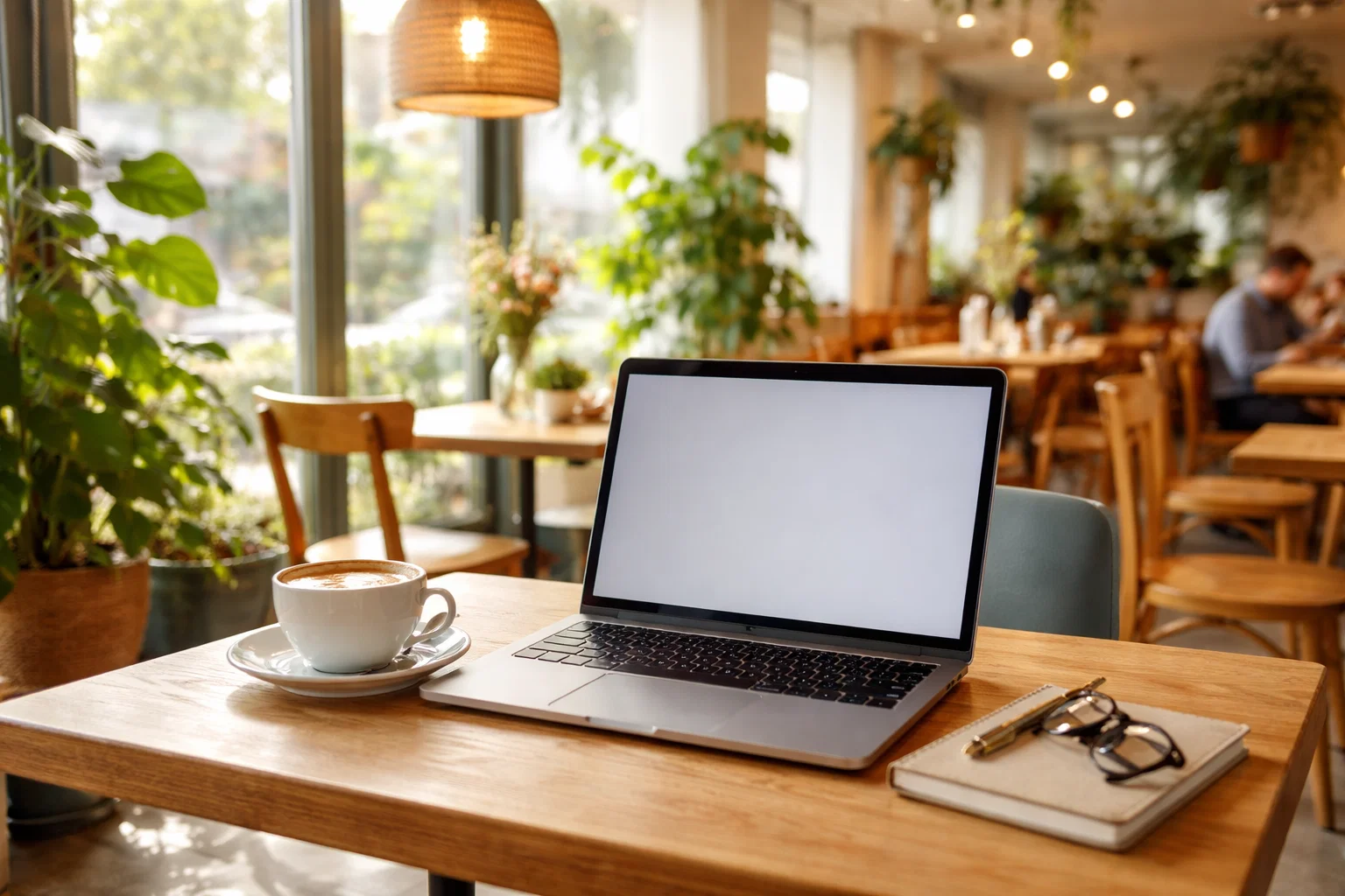 Bright UK café workspace, laptop open, coffee cup, relaxed daytime vibe,