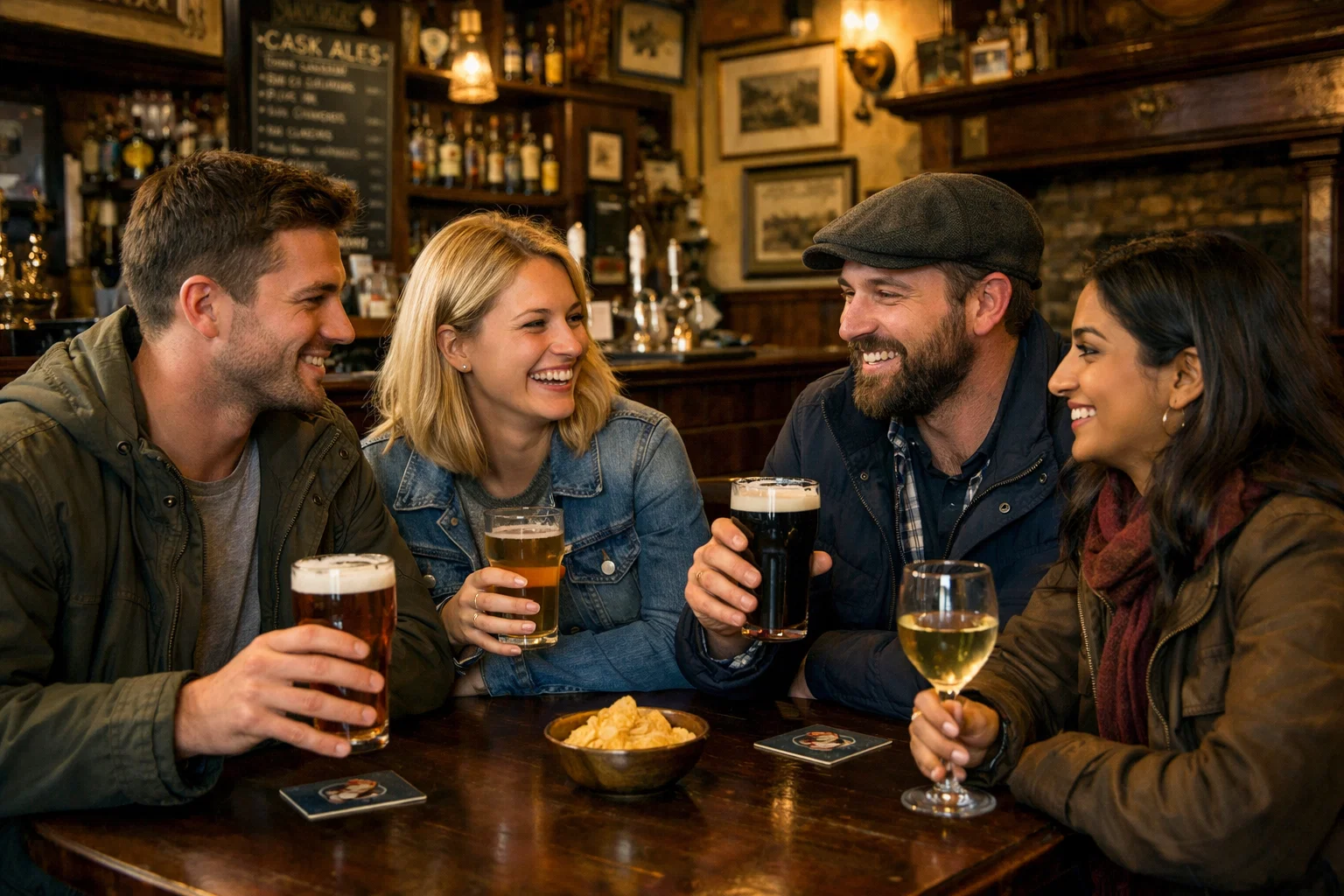 A group of friends enjoying a drink in an old fashioned English pub on a day trip after travelling from Brighton to Seven Sisters