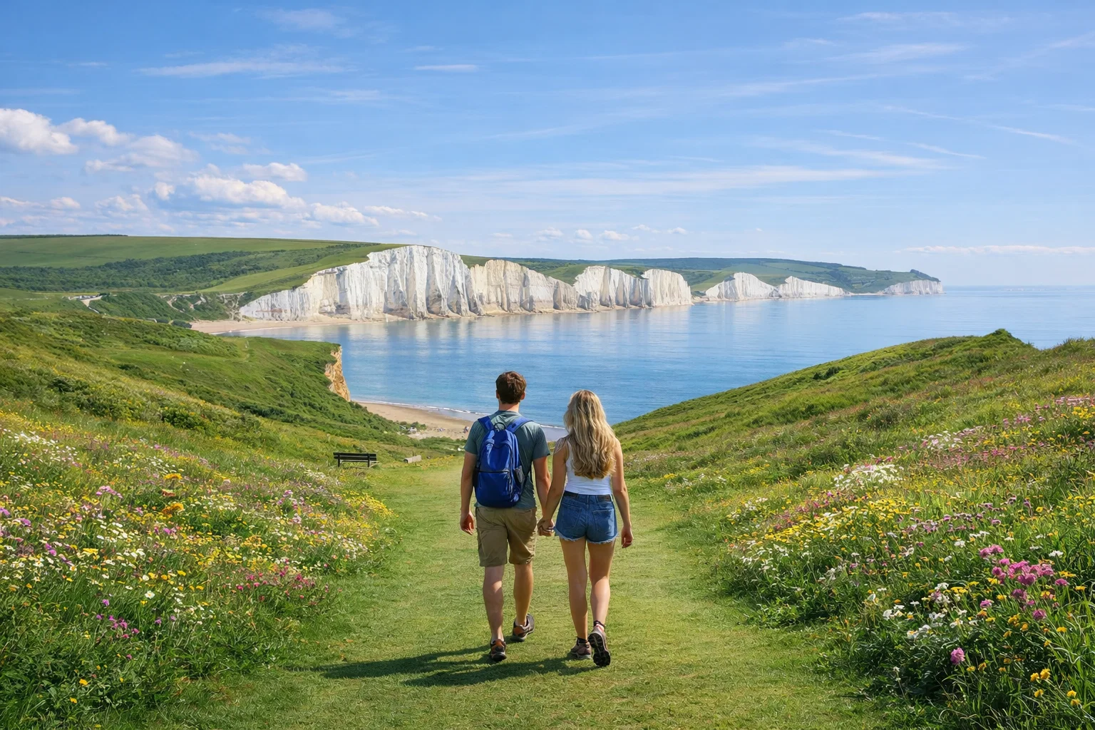 A young couple hiking at Seven Sisters