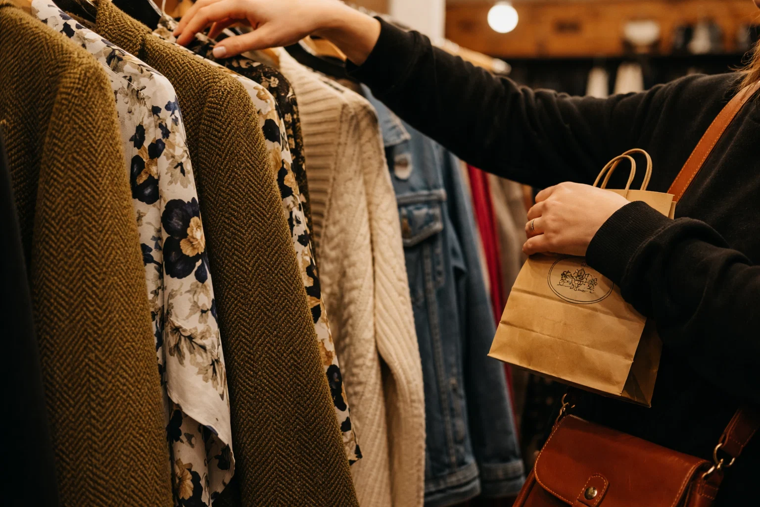 Someone browsing jackets at one of the many charity shops in Brighton 