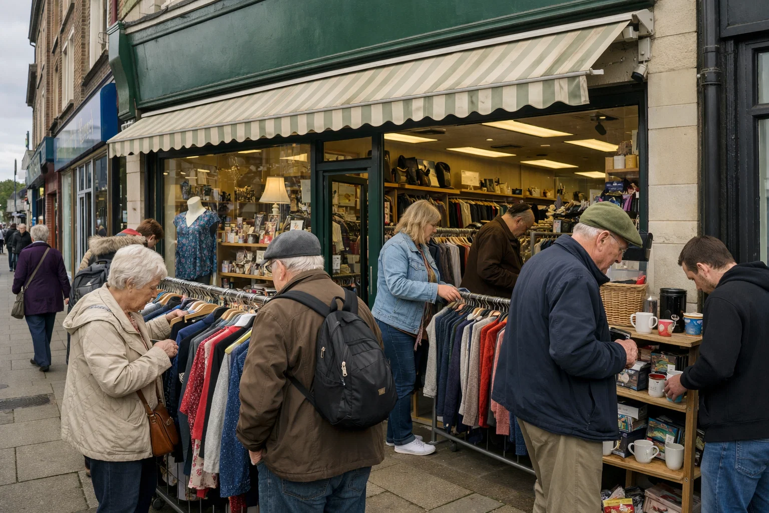 A lively independent shopping street scene with a charity shop style storefront and clothing rails inside, people browsing, overcast UK daylight, no readable shop names, no recognisable landmarks, realistic documentary photo