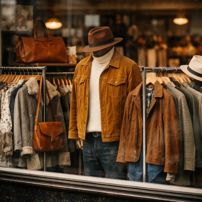 UK charity shop window display with curated vintage clothing on rails, warm natural daylight, shallow depth of field, no readable signage, no recognisable landmarks, candid street feel