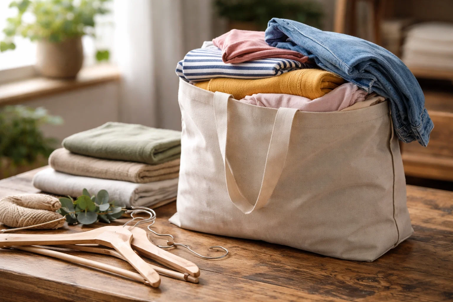 A reusable tote bag filled with donated clothing on a wooden table with hangers and folded fabric, soft natural light, eco-friendly mood, no text, no recognisable location, realistic photography