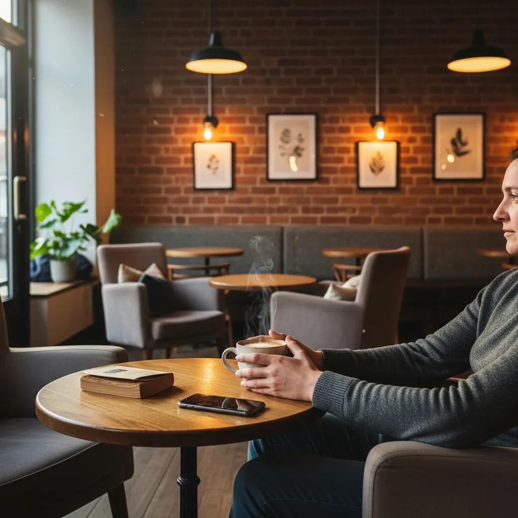 Someone waiting in a cosy café while a plumbing issue is being resolved