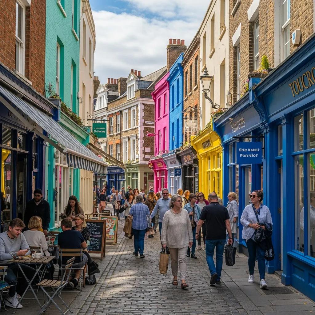 Brighton Lanes street scene with colorful shops and pedestrians
