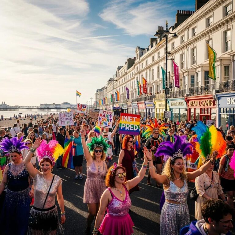 Brighton Pride Festival parade showcasing vibrant costumes and community celebration