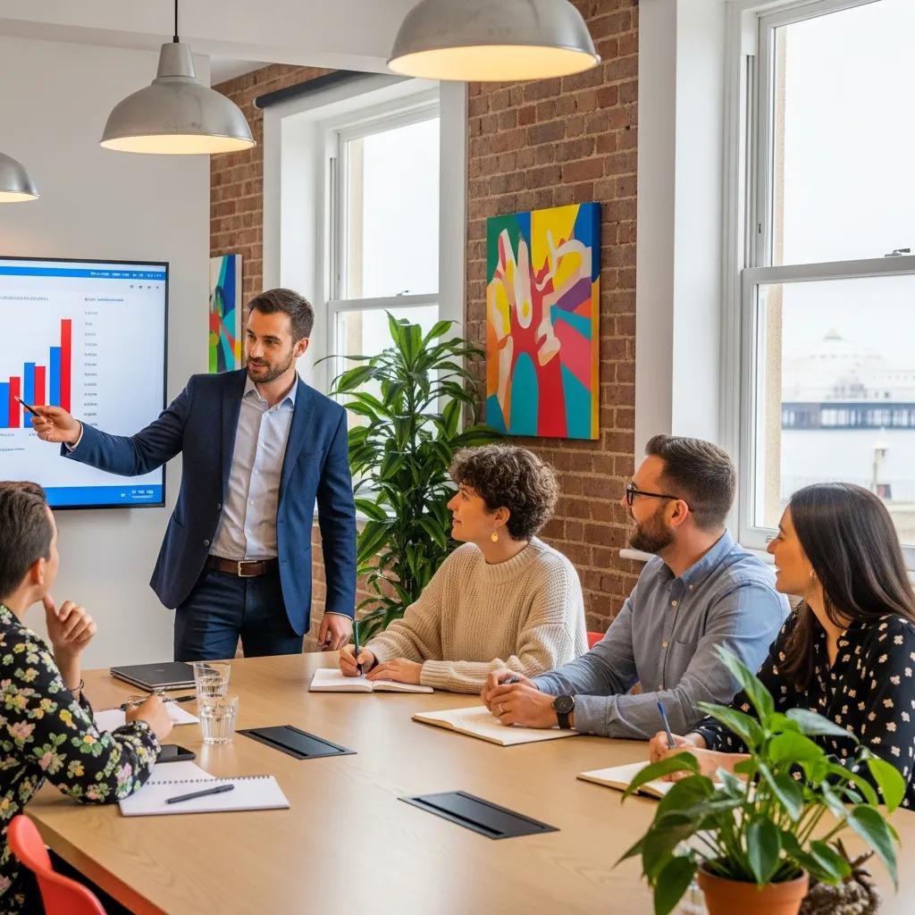 Business meeting in a trendy coworking space in Brighton, highlighting local venues