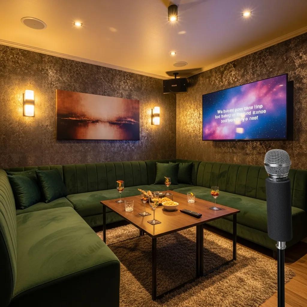A snug private karaoke room with comfy seating and a microphone ready for guests
