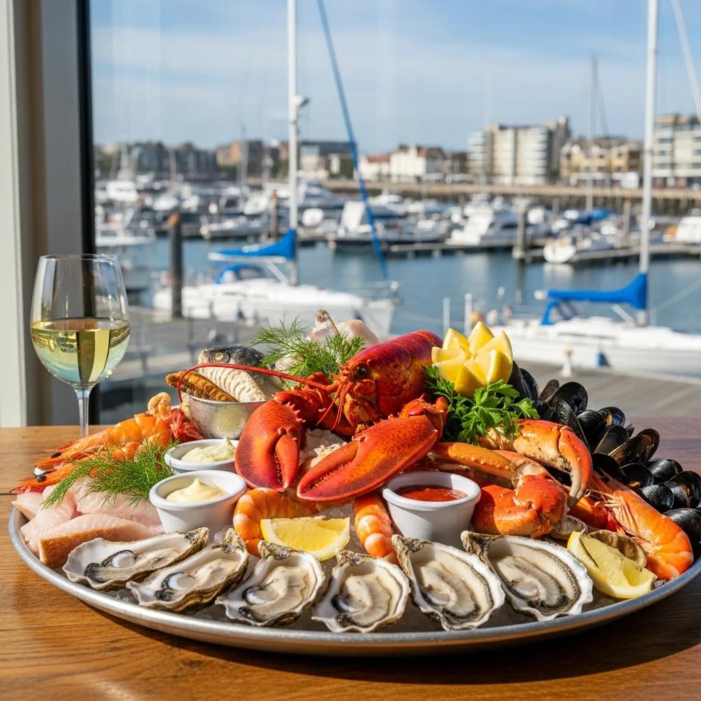 Fresh seafood platter enjoyed with a marina view