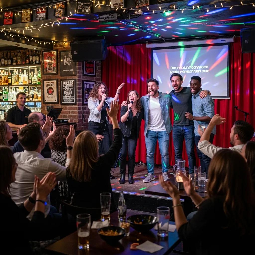 Group of friends enjoying a karaoke night in Brighton with colorful lights and a lively atmosphere