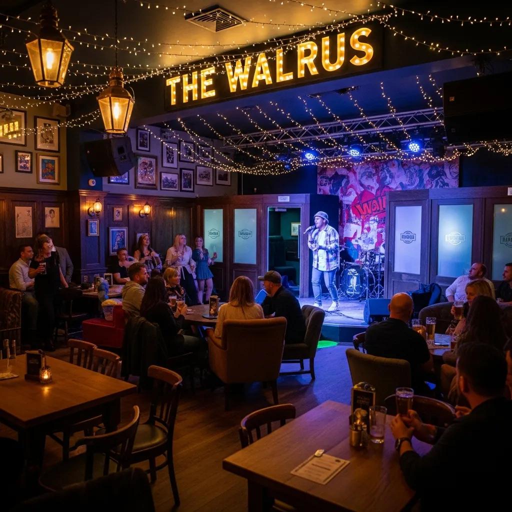 The Walrus interior with people gathered around a small stage, bright lights and enthusiastic crowd