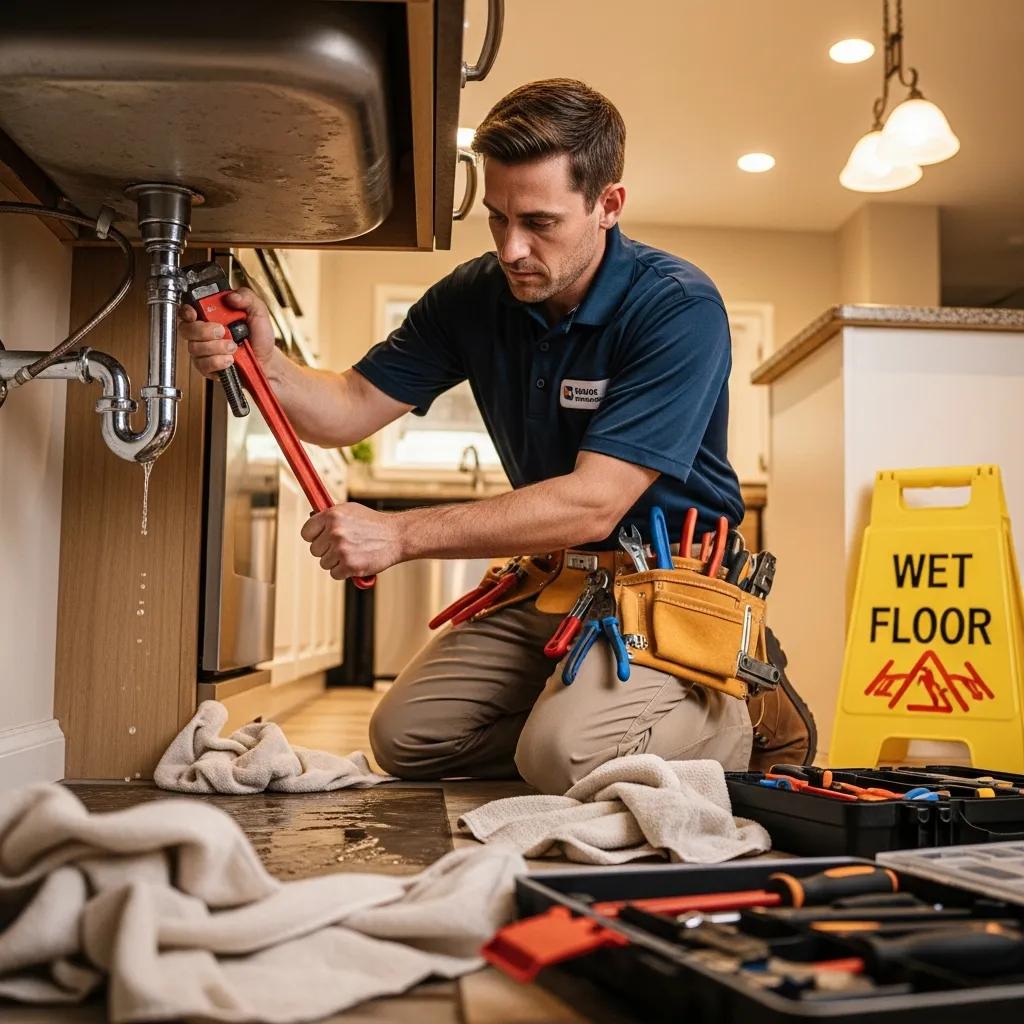 Professional plumber addressing a plumbing emergency in a home setting