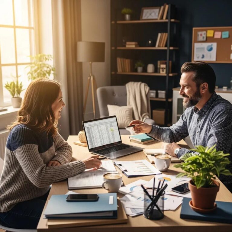 Small business owner consulting with an accountant in a cozy office setting