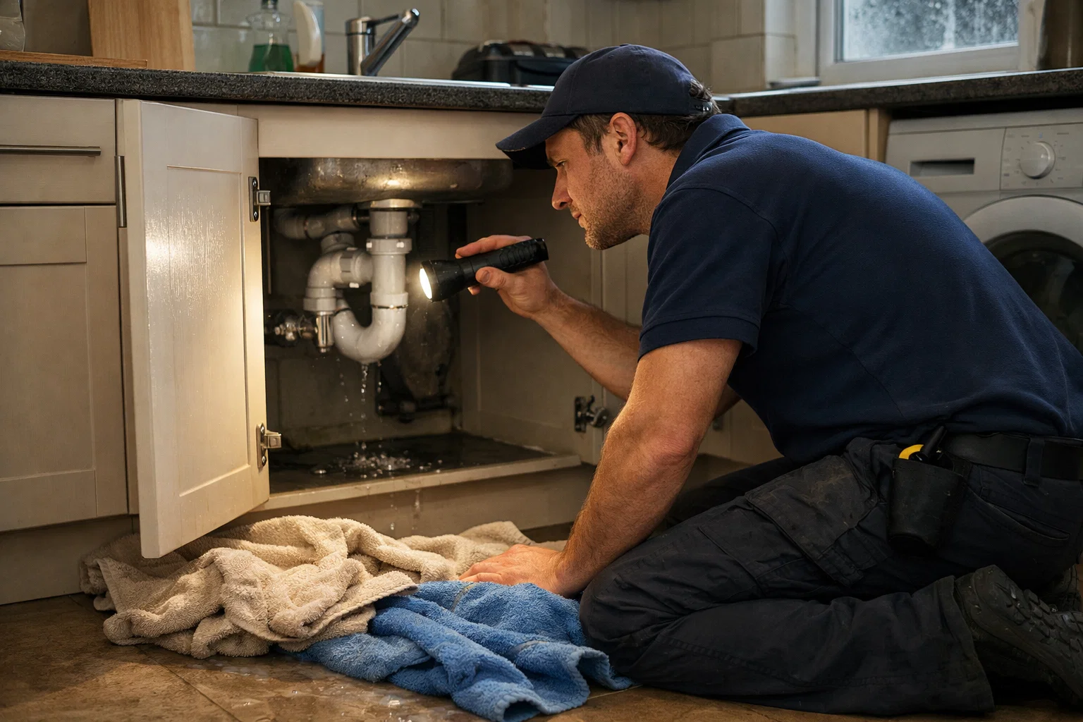 A tradesperson kneeling beside a sink cabinet using a torch to inspect a small leak, towels on the floor