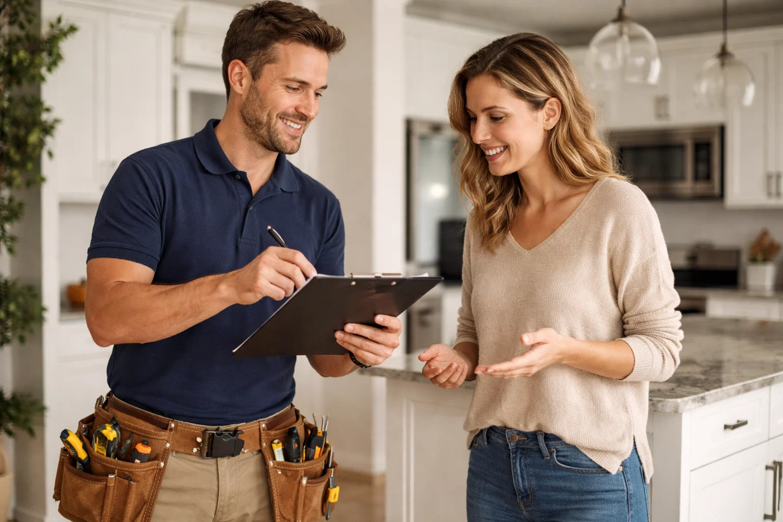 A tradesperson discussing things with a woman in her home. 