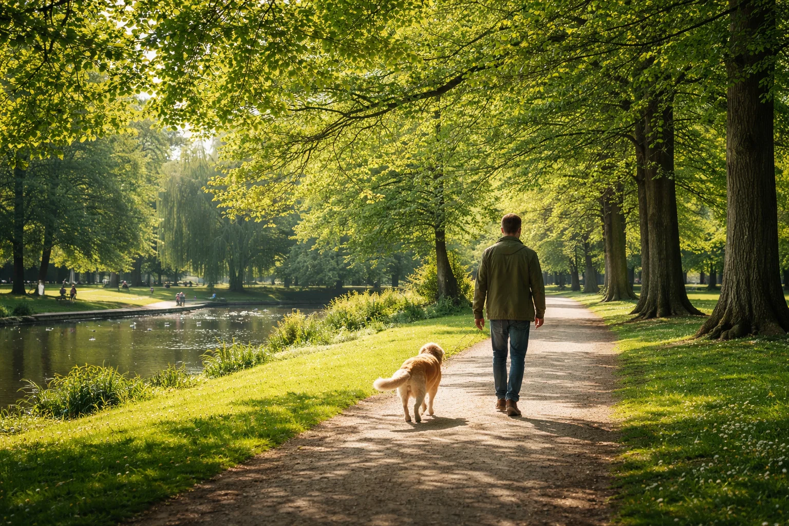 UK park scene, someone having a peaceful walk with their dog 