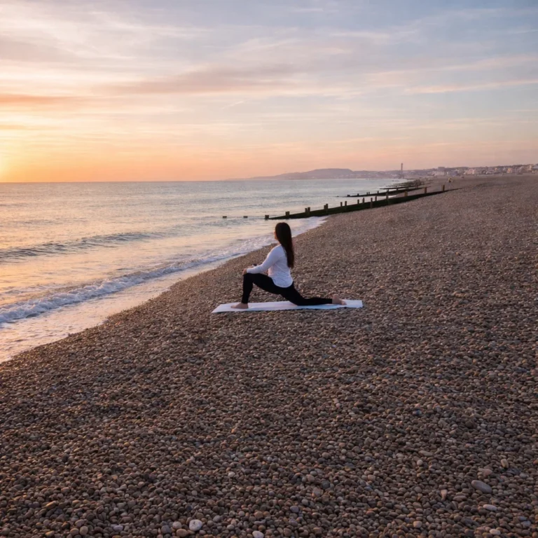 A woman exercising on a yoga matt at the beach
