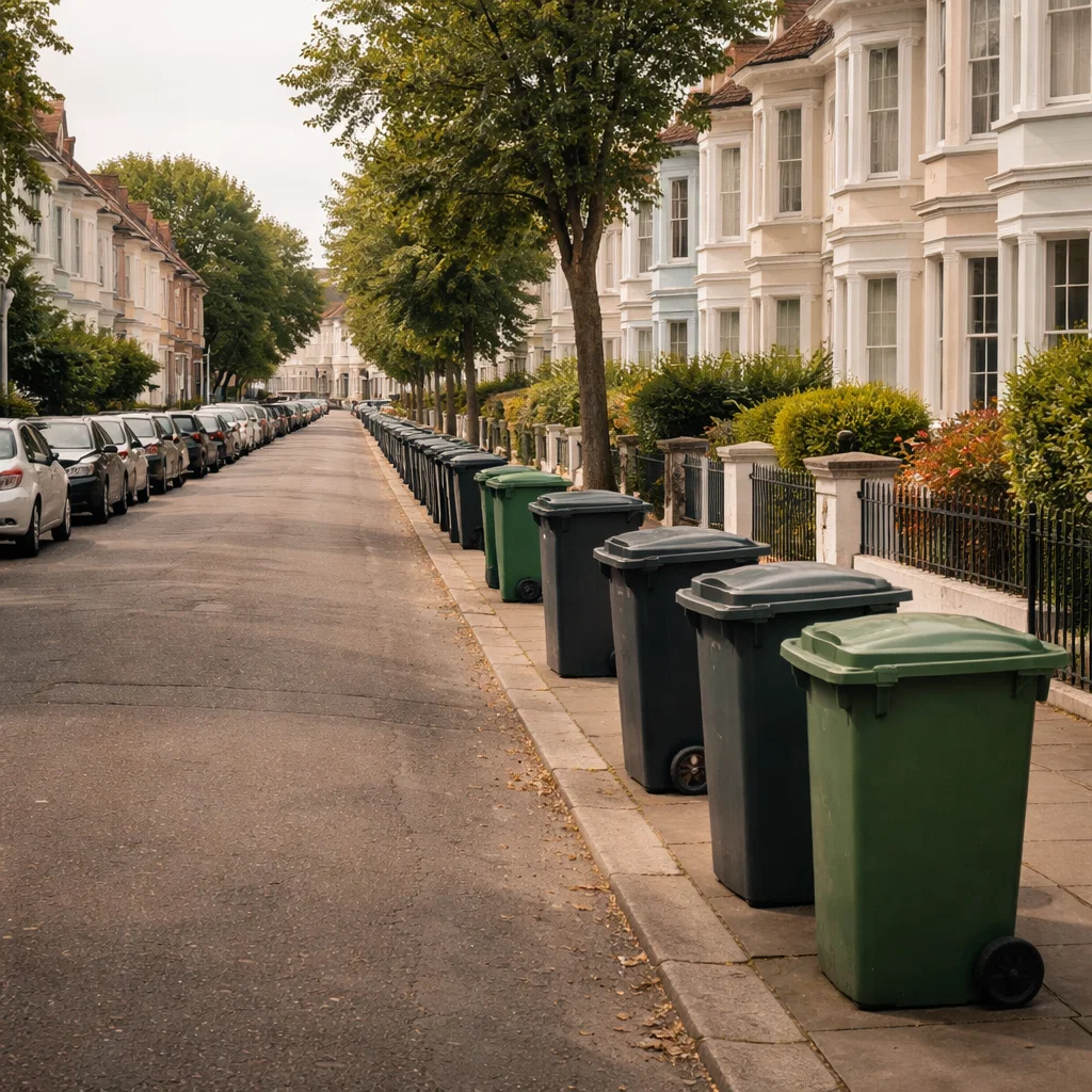 tidy residential road with wheelie bins lined up neatly, soft overcast daylight