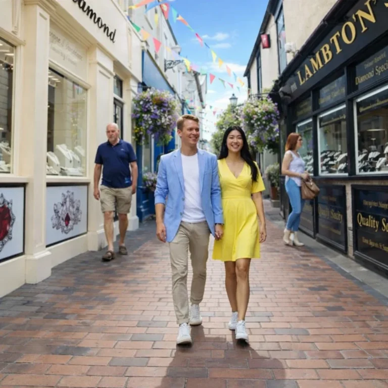 A couple holding hands and walking through Brighton Lanes
