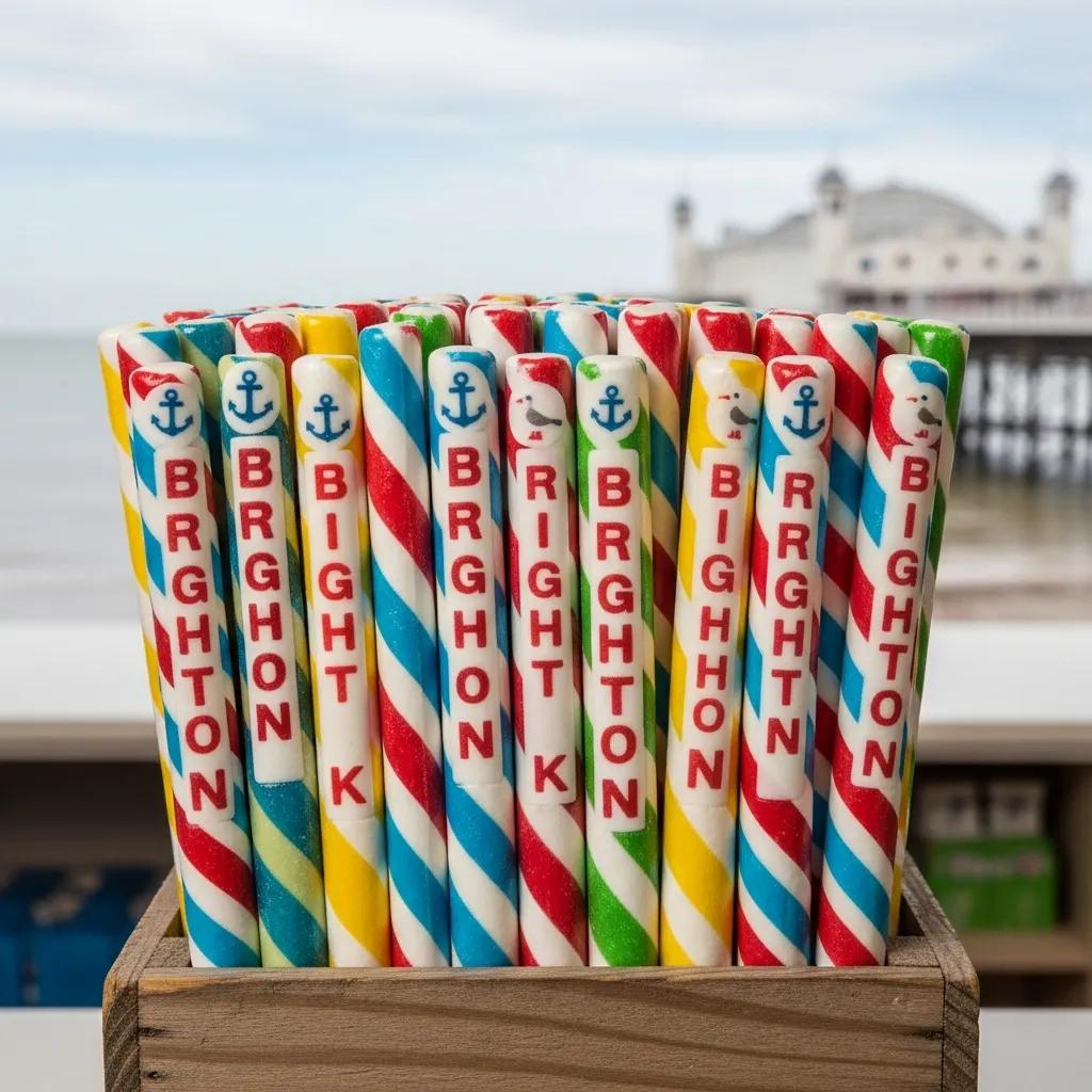 Hand-pulled Brighton Rock candy sticks with bright patterns in a seaside shop