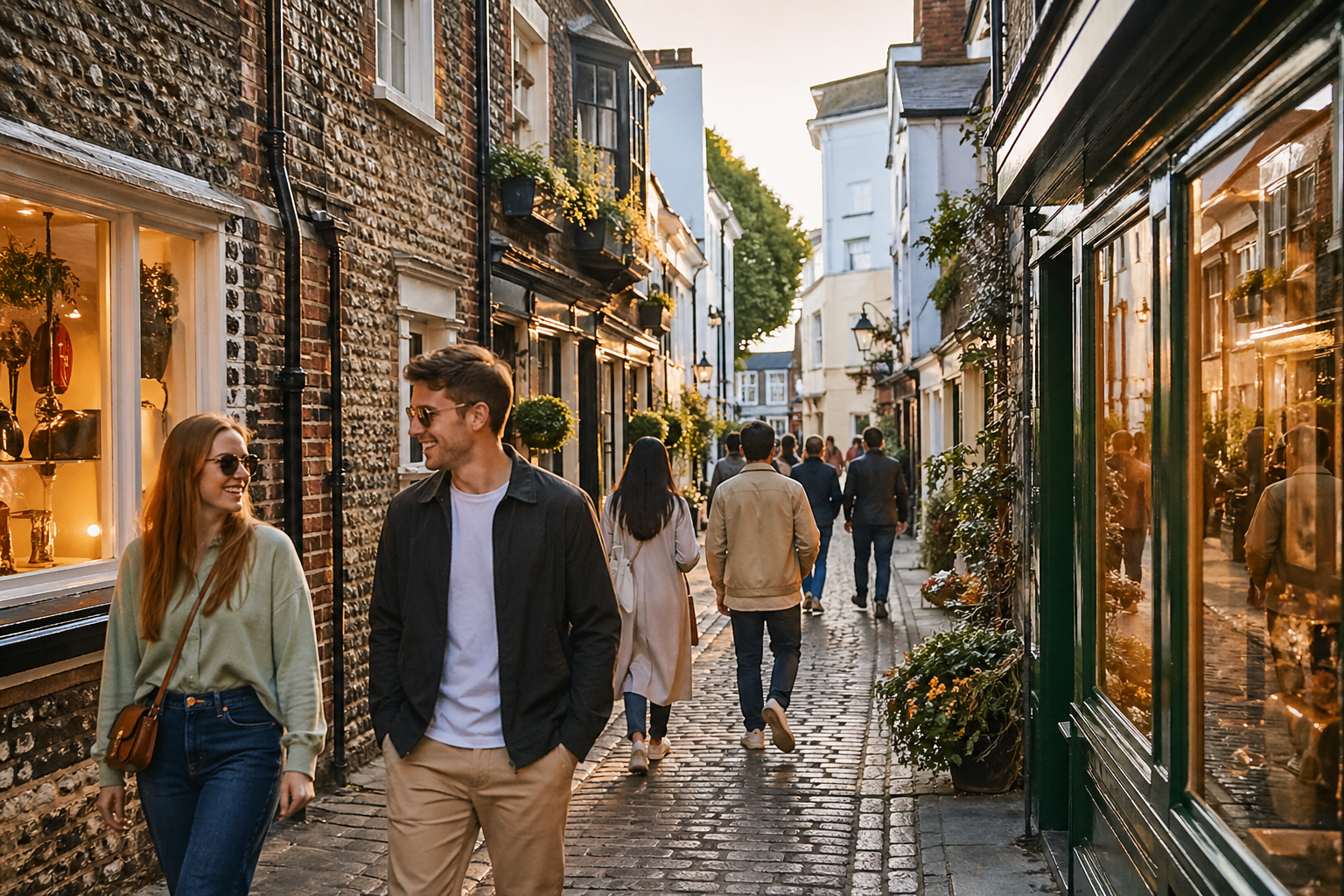 Late-afternoon Brighton Lanes scene, couples and friends wandering through a compact cobbled lane