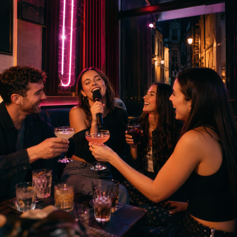 Friends doing karaoke in Brighton at a trendy bar