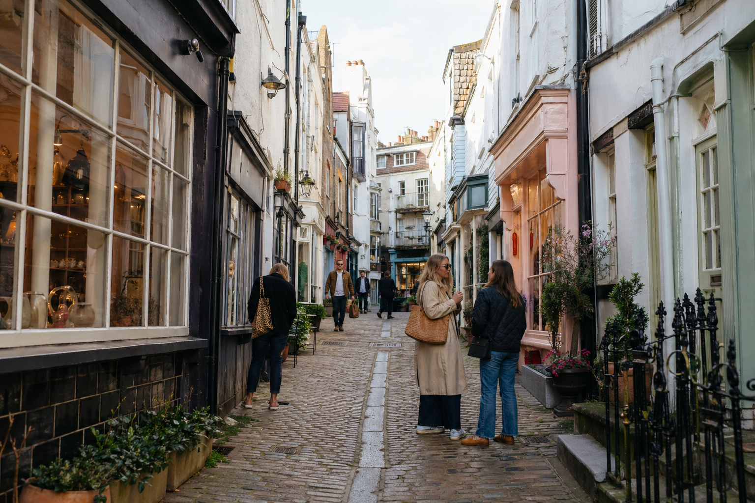 A charming Brighton Lanes street scene, narrow old-town alley with uneven cobbles