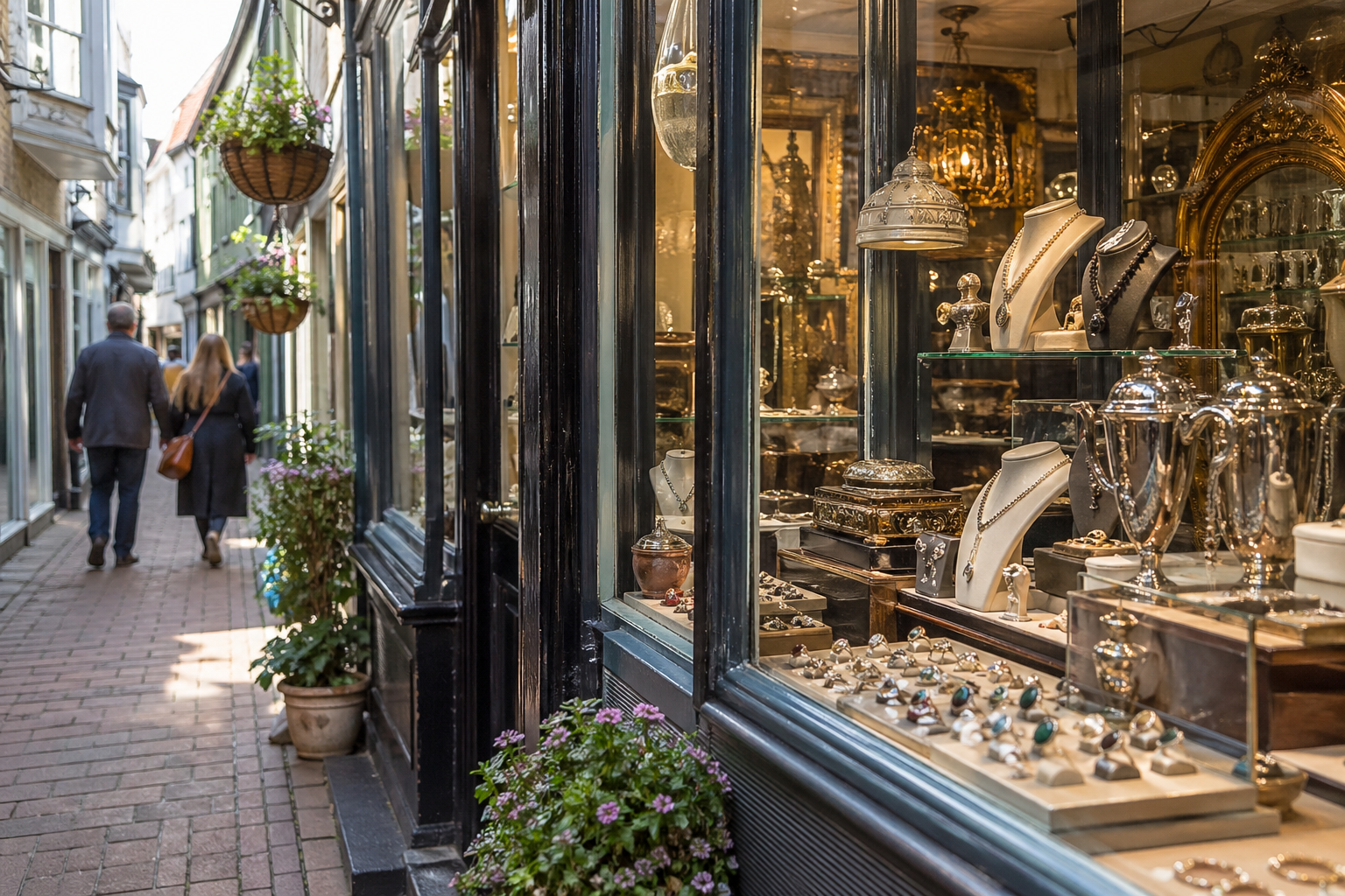 Things to do in Brighton lanes- Brighton Lanes showing elegant jeweller windows and antique displays, sparkling rings, vintage silver, warm reflections on glass
