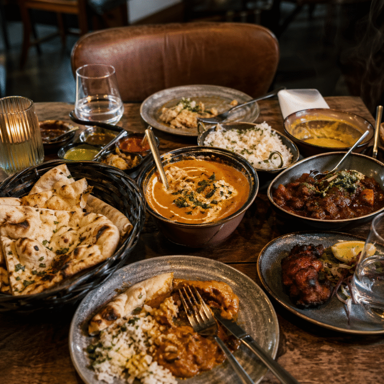 A modern Indian restaurant table filled with curries, naan, rice, chutneys and small plates