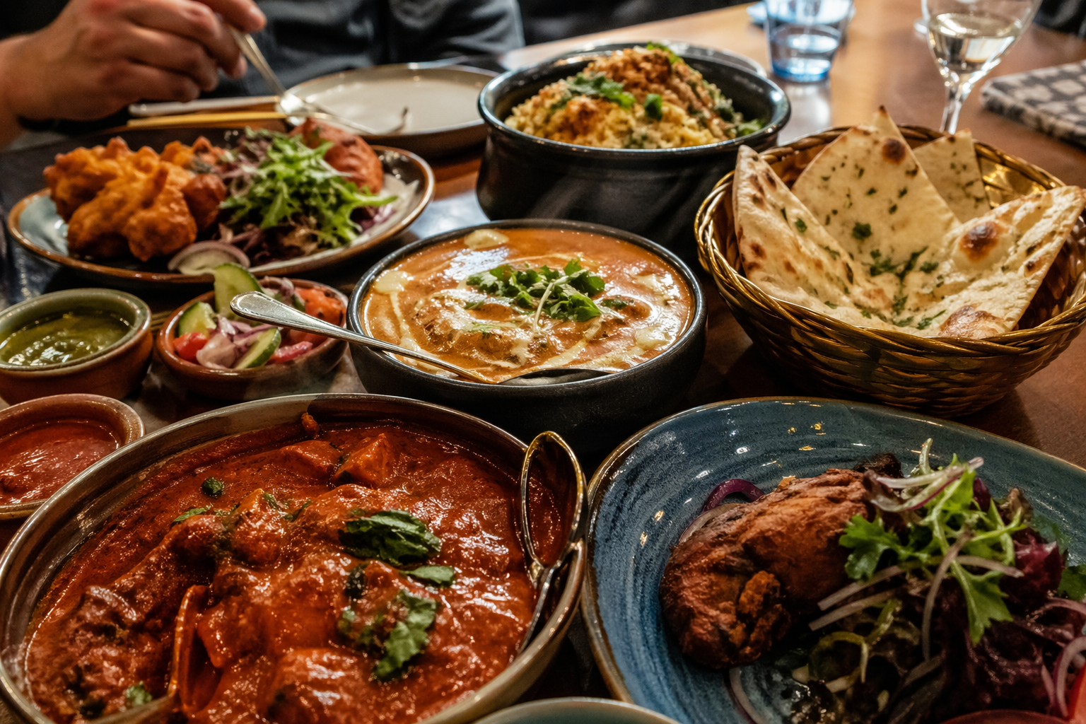 Close-up of regional Indian dishes served in ceramic bowls and metal dishes, colourful curries, crisp starters, naan and chutneys on a restaurant table