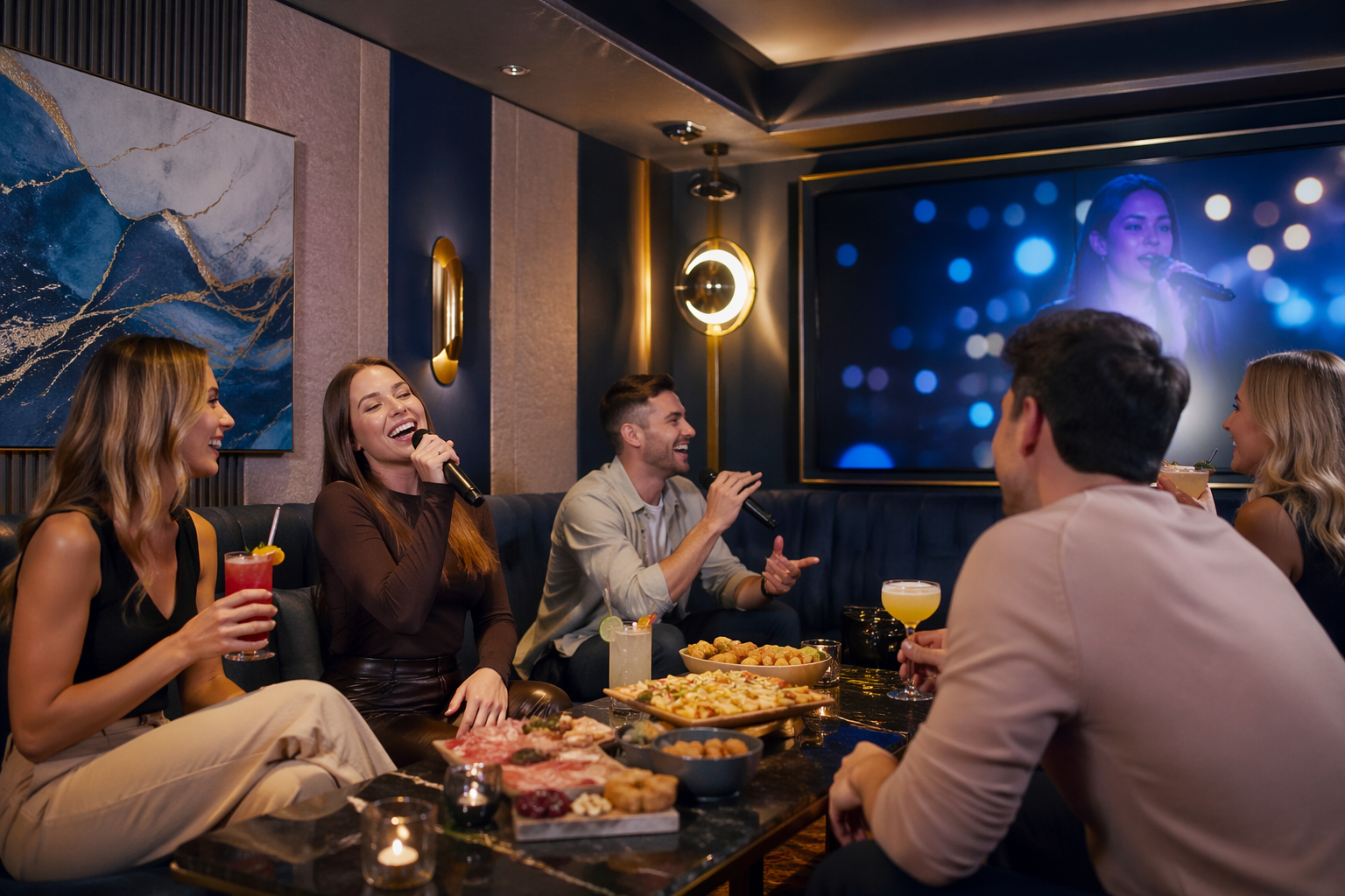 A private karaoke room in a modern Brighton nightlife venue