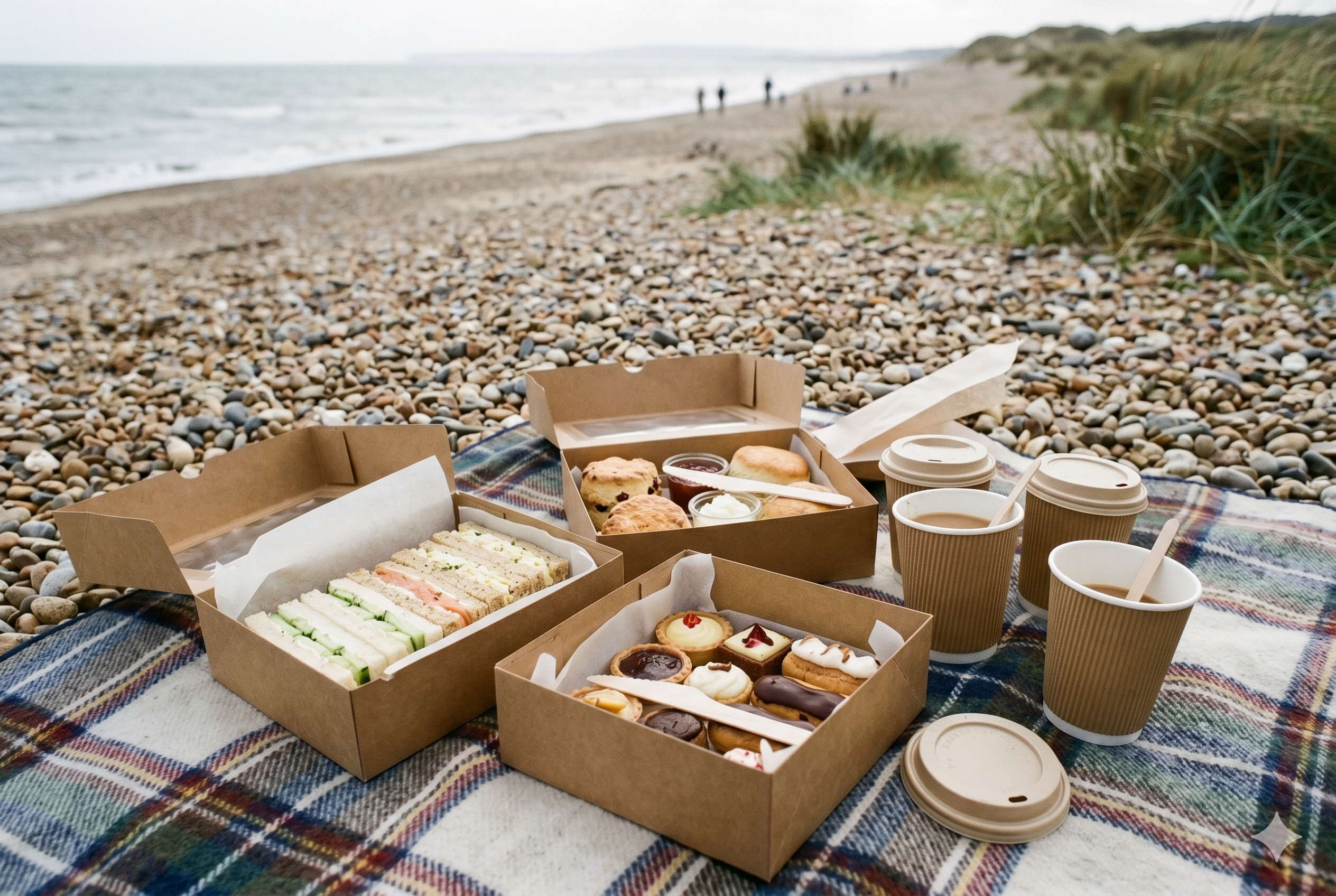 Afternoon tea boxes opened on a picnic blanket near a pebble beach in the UK