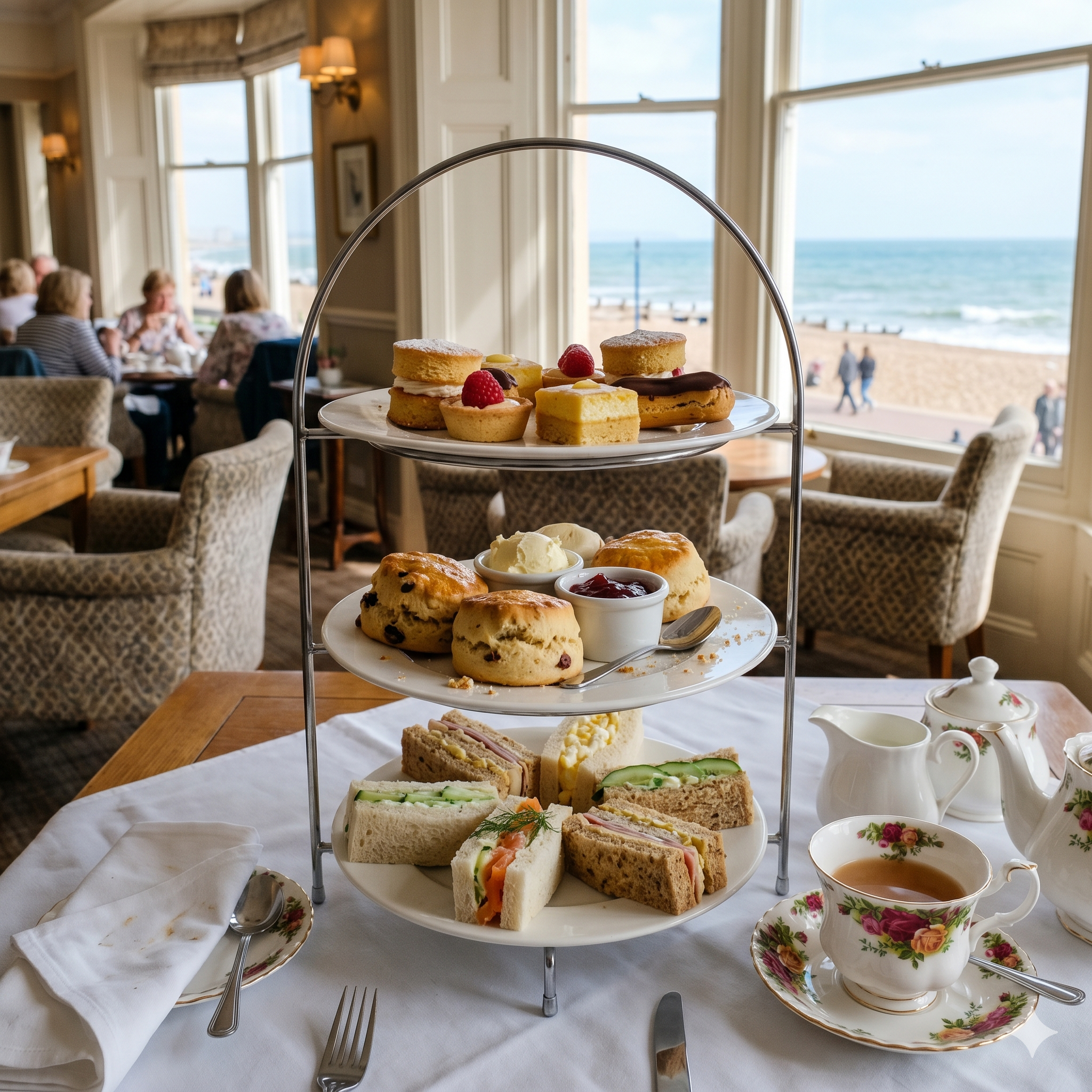 A classic British afternoon tea on a three-tier stand in a bright seaside hotel lounge, finger sandwiches, scones with jam and cream, small pastries, fine china teacups