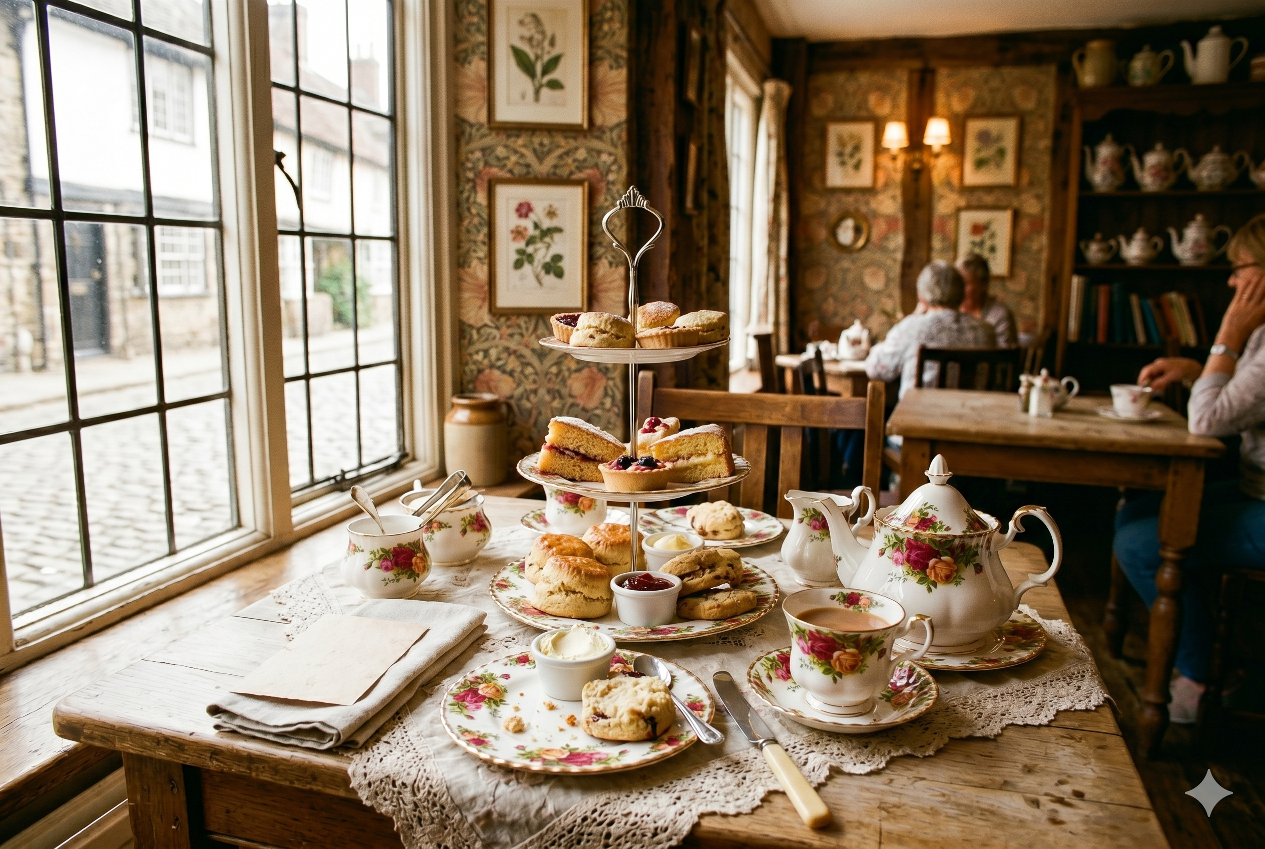 Afternoon tea in Brighton- Traditional British tea room with vintage crockery, floral china, teapot, cake stand with scones and pastries