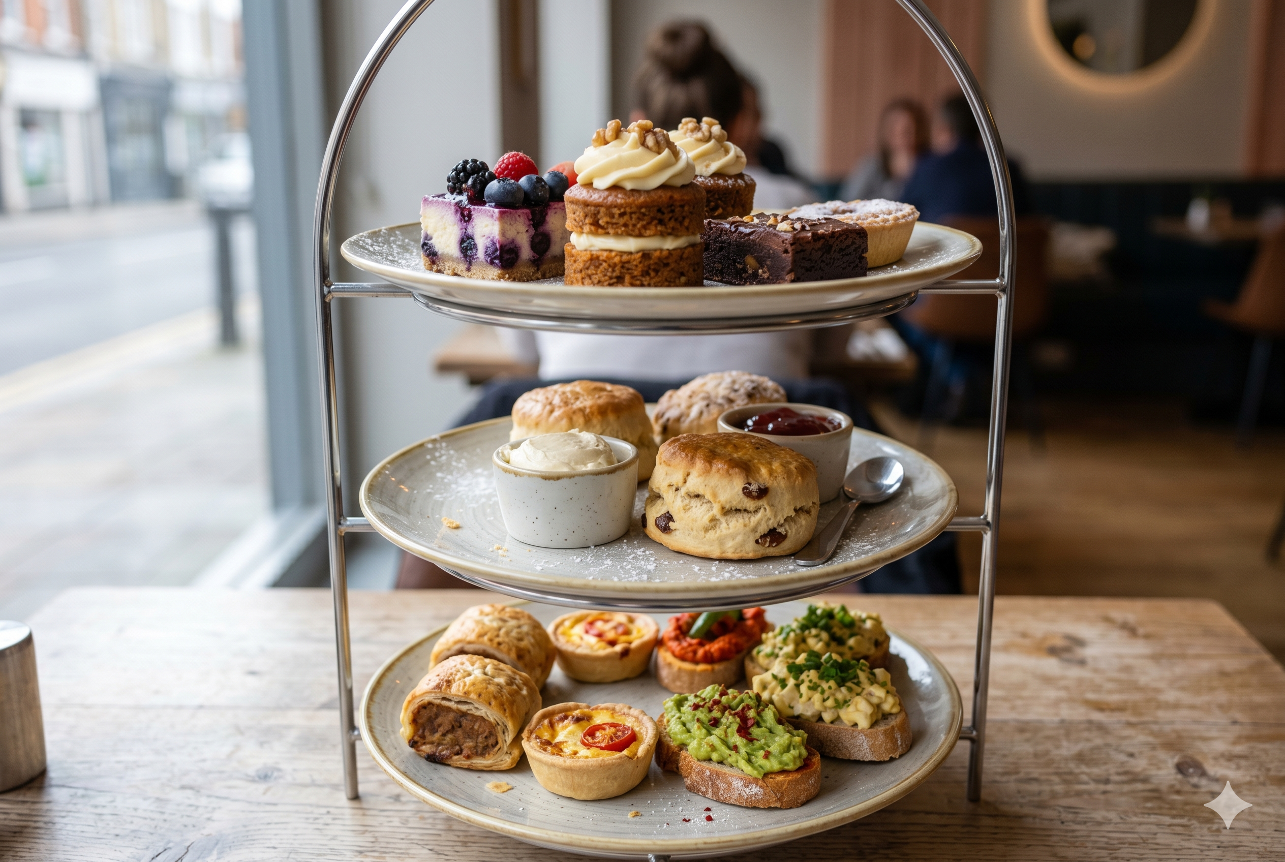 a vegan afternoon tea selection with plant-based pastries, fruit-topped cakes, mini savouries and vegan scones