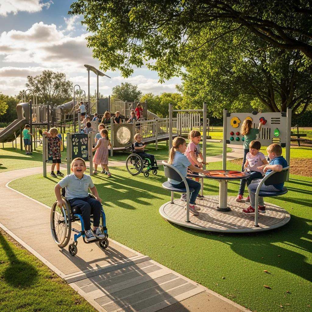 Child in a wheelchair using inclusive play equipment at an accessible Brighton playground
