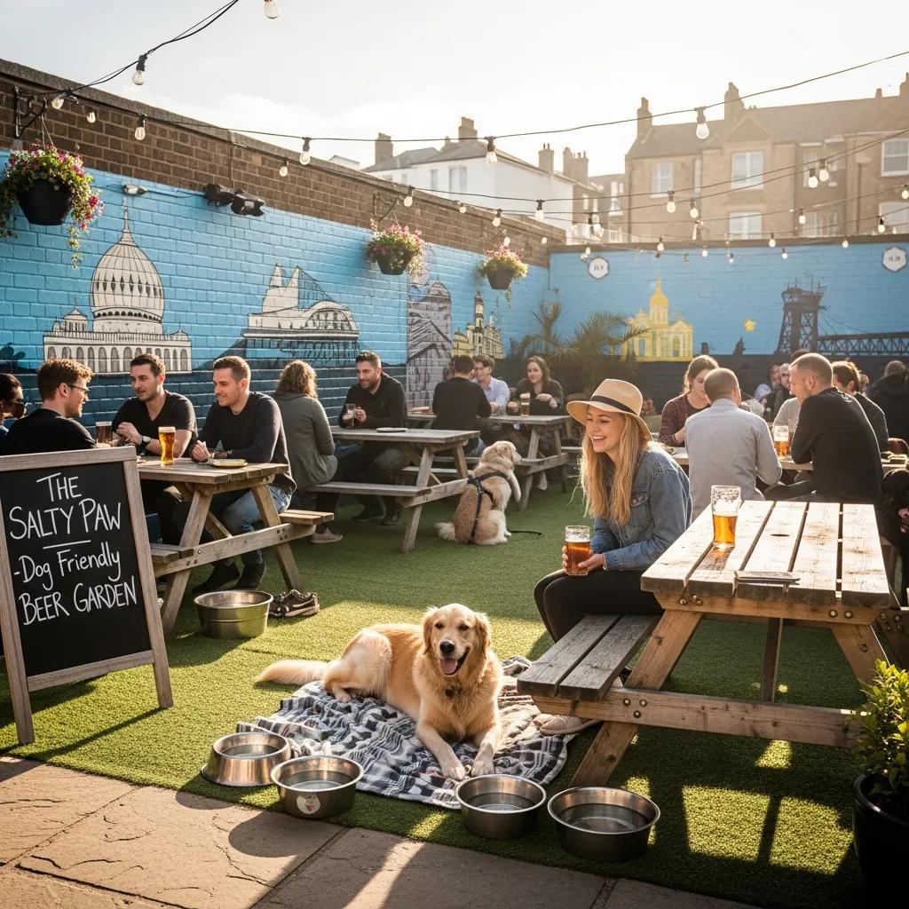 Dog-friendly beer garden in Brighton with guests and a dog relaxing on a sunny terrace