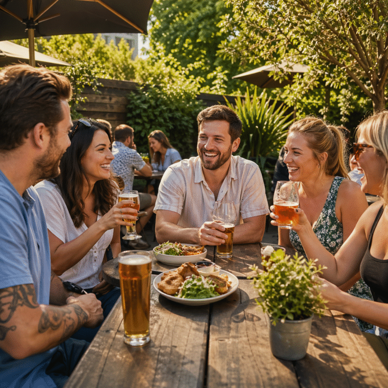 A lively British beer garden on a sunny afternoon, friends smiling with pints at wooden tables, lush greenery, warm golden sunlight, colourful drinks and food on tables