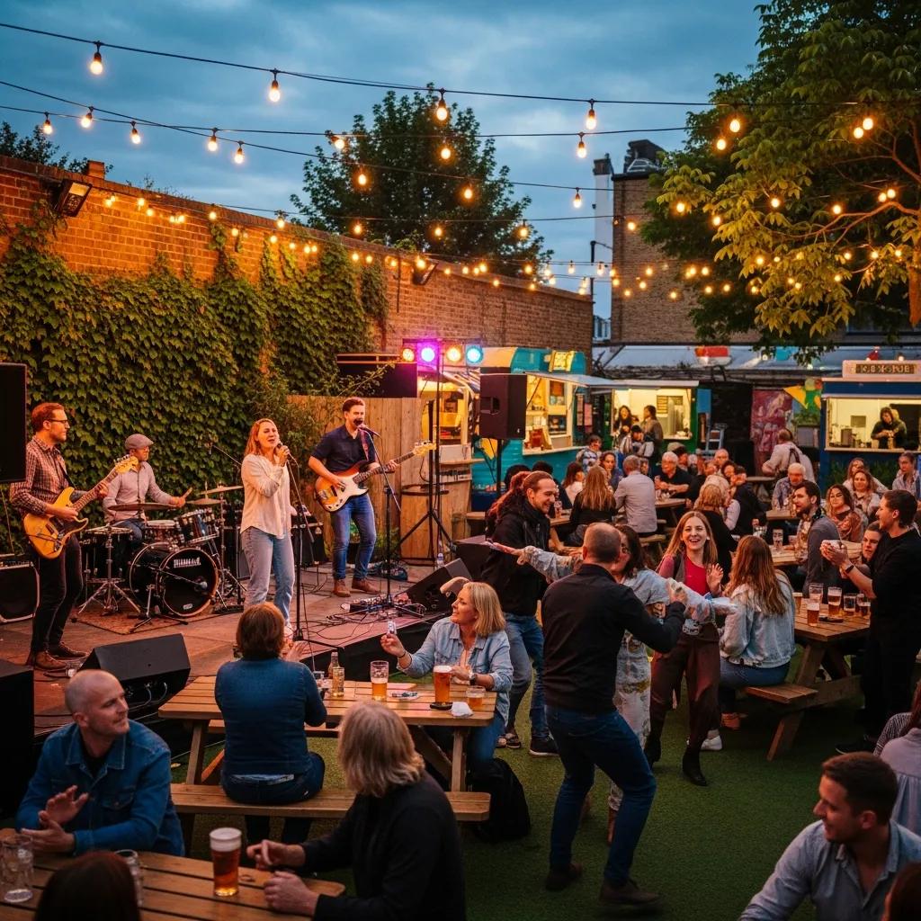 Live music at a Brighton beer garden with patrons enjoying the evening atmosphere