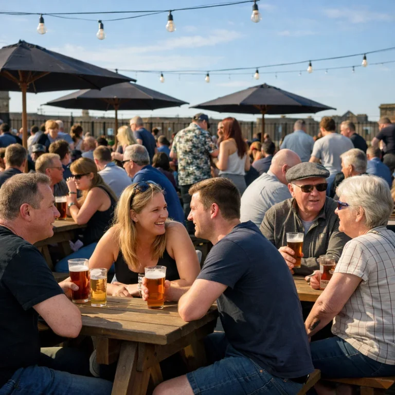 people in England enjoying themselves in a beer garden at a pub.