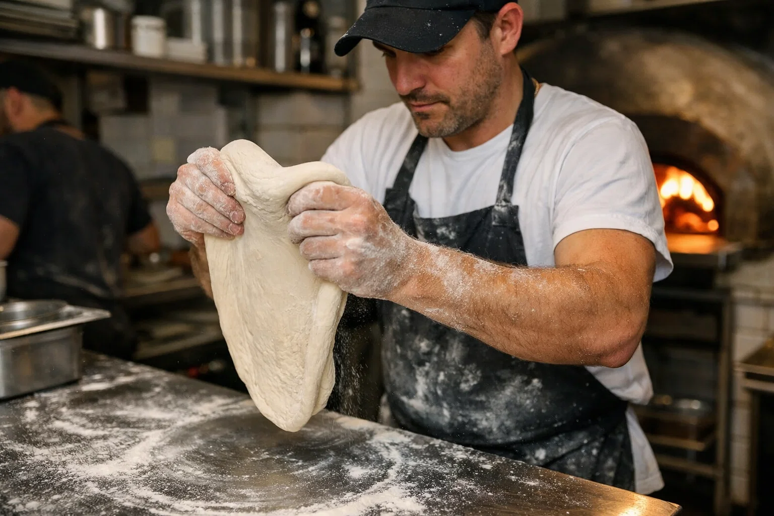 A pizza chef stretching dough by hand in a small busy pizzeria kitchen making the best pizza in Brighton