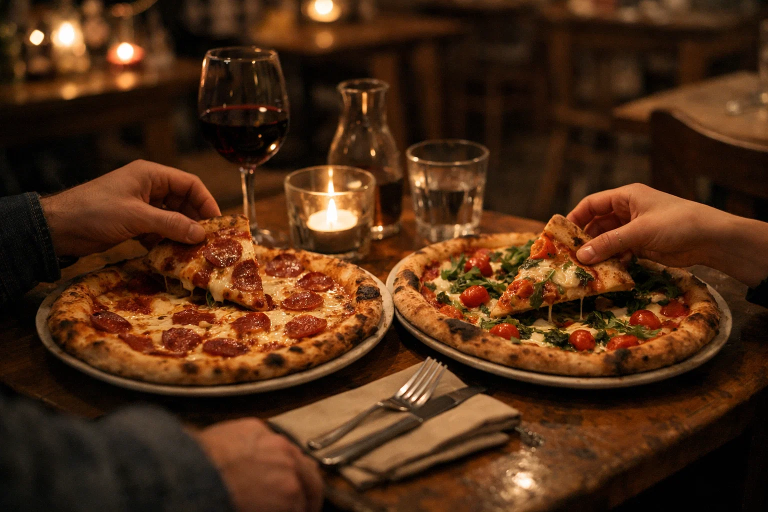 Two pizzas on a small candlelit restaurant table for a casual date night