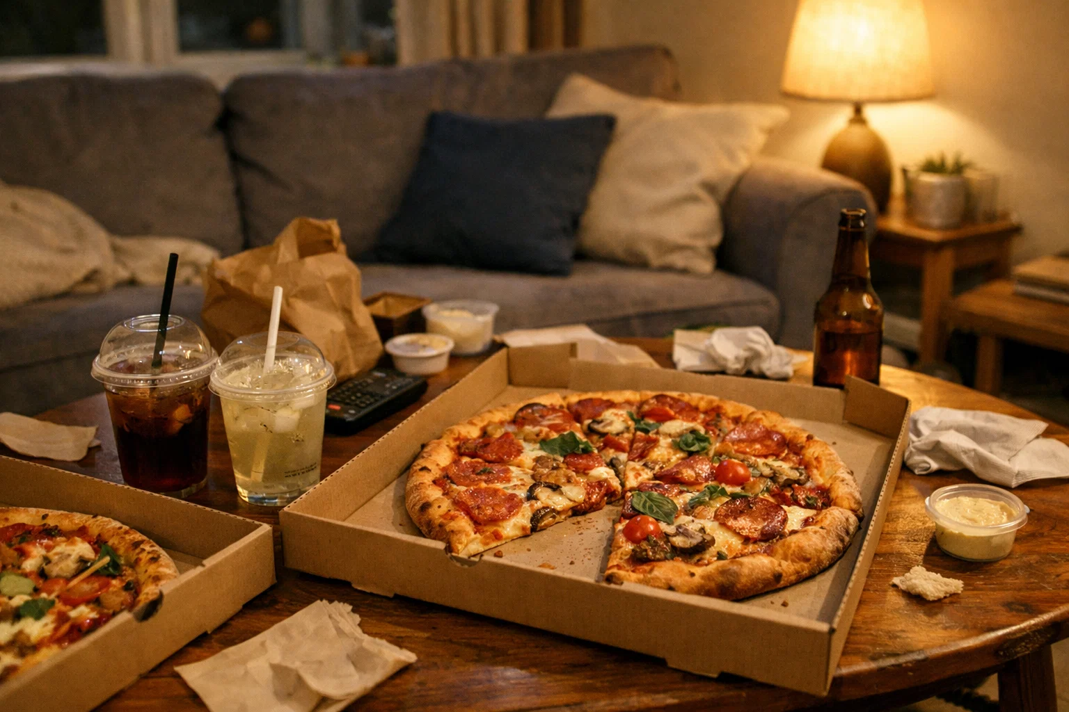  pizza delivery at home in the UK, open pizza boxes on a coffee table, one fresh pizza partly sliced, soft evening lighting from a lamp, casual living room setting