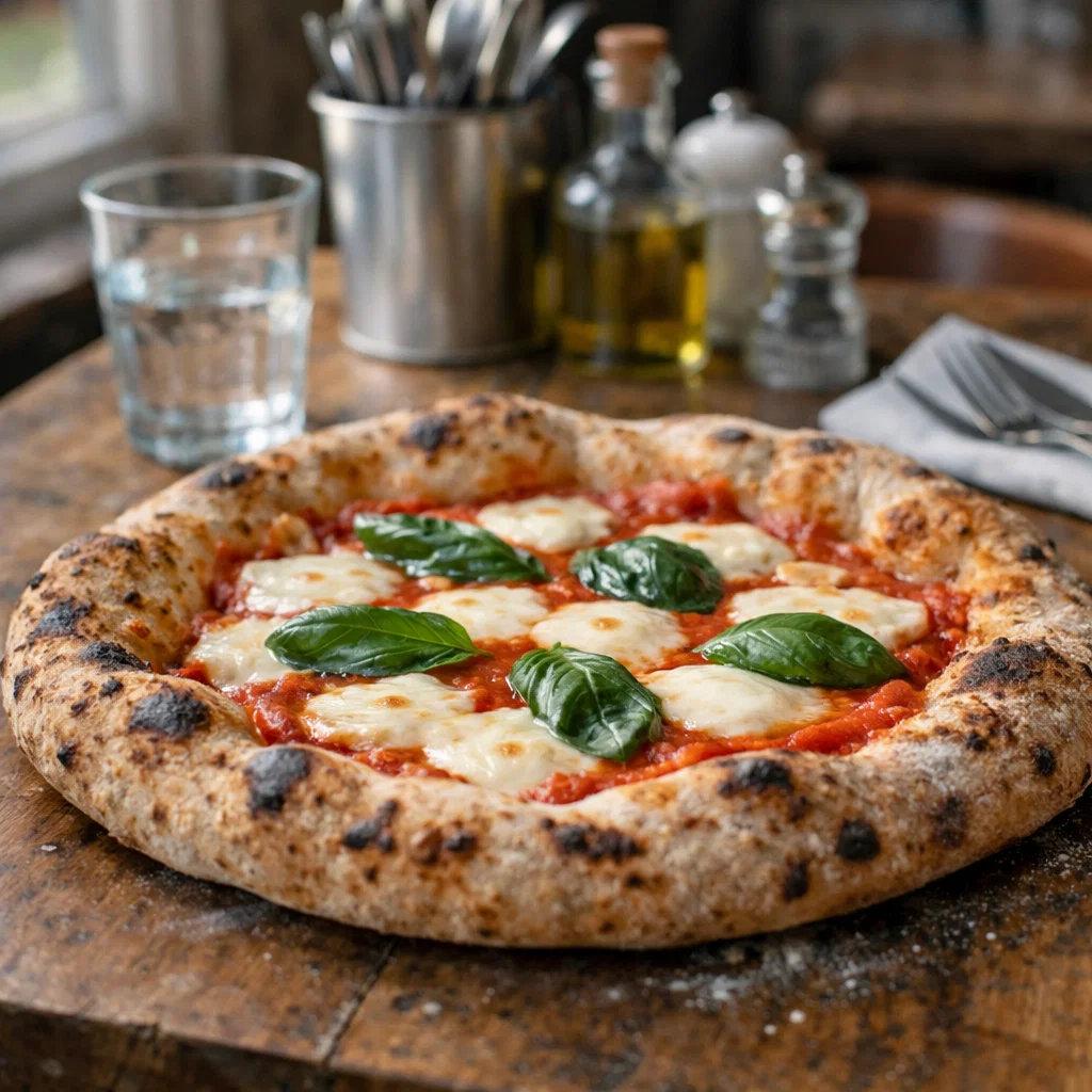 A freshly baked Neapolitan pizza on a wooden table in a relaxed independent restaurant in Brighton