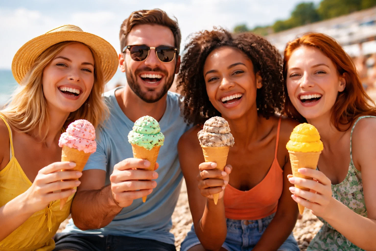 People enjoying different colours and flavours of ice cream with a cone on Brighton beach on a beautiful sunny day.