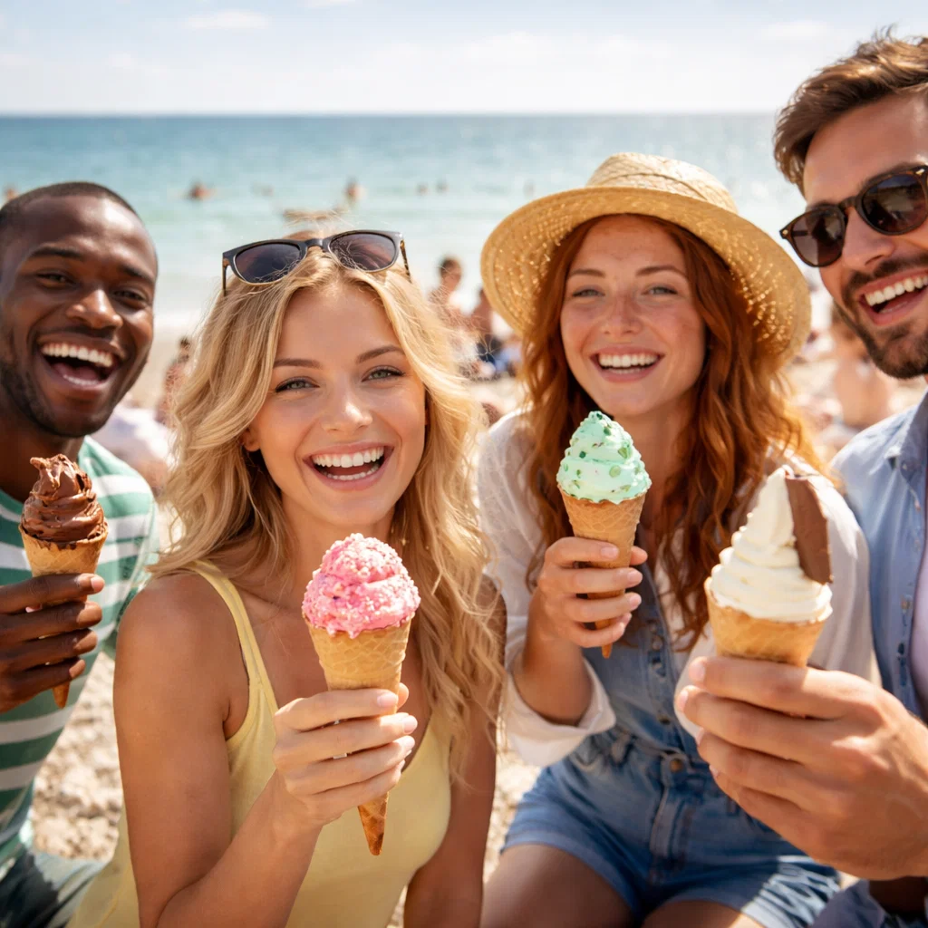 people enjoying different colours and flavours of ice cream with a cone on Brighton beach on a beautiful sunny day